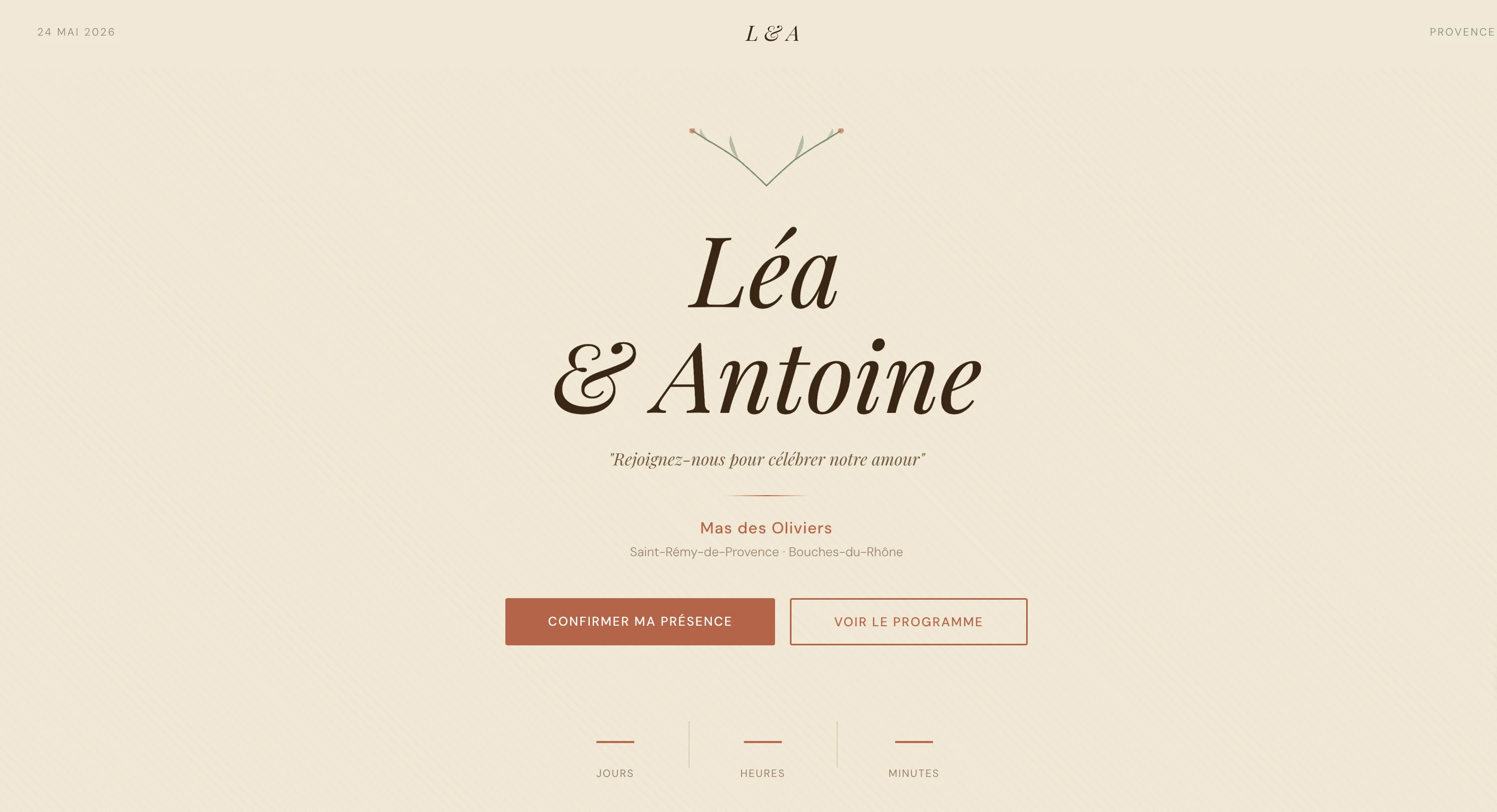 Aperçu du template de site de mariage thème bohème - Exemple de Rita et Gaetan