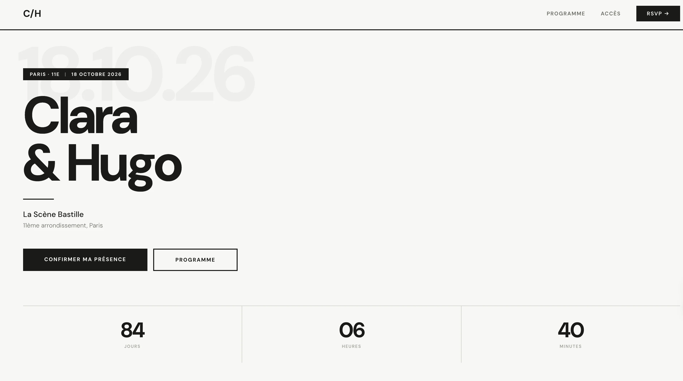 Aperçu du template de site de mariage thème moderne noir et blanc - Exemple de Camille et Théo