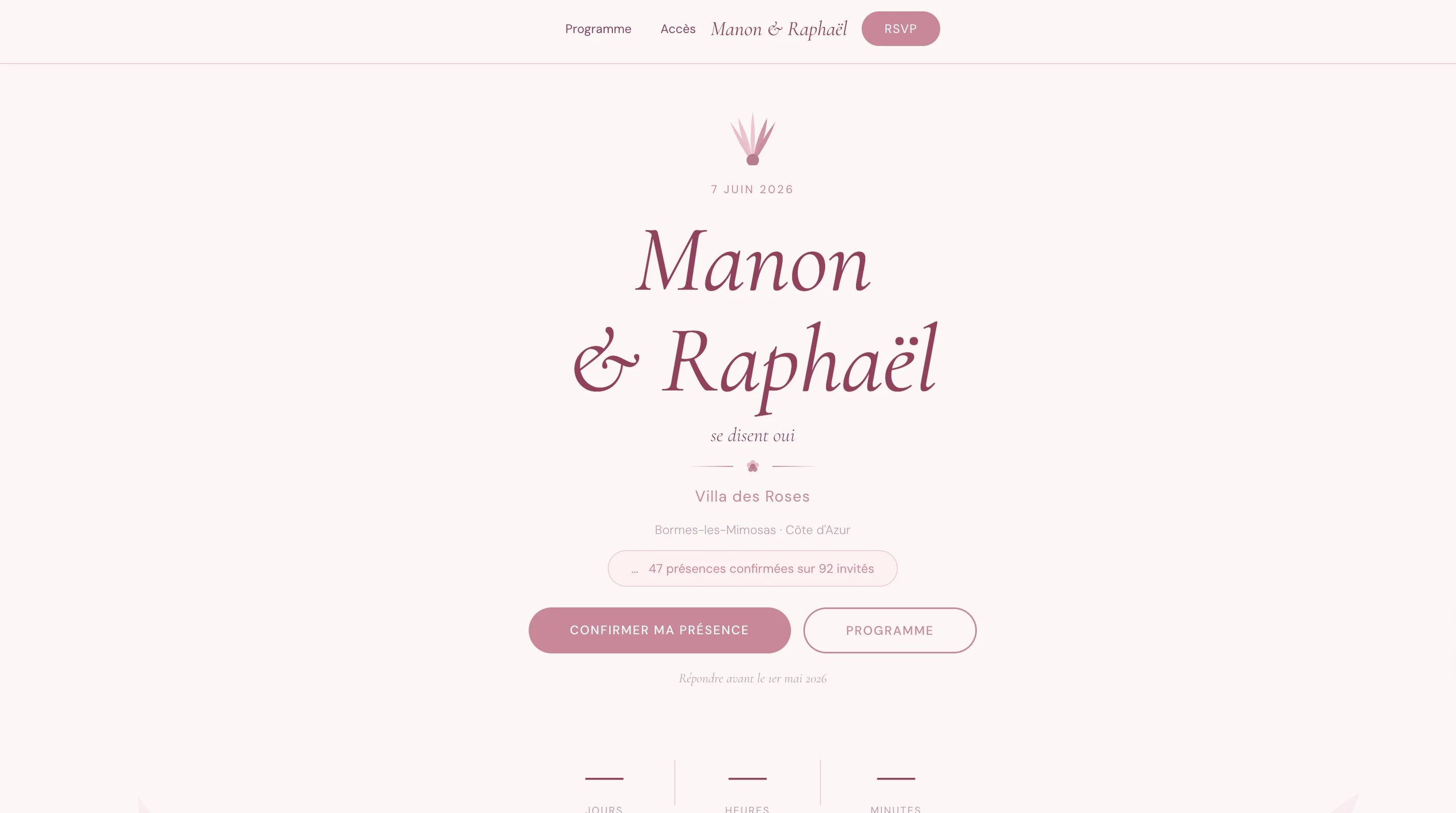 Aperçu du template de site de mariage thème pétale rose poudré - Exemple de Julie et Lucas